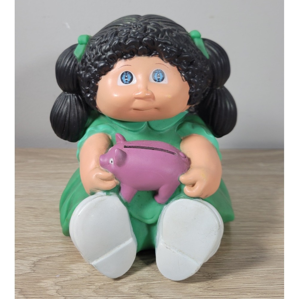 Cabbage Patch Kids Plastic Piggy Coin Bank - Black Hair Green Dress VTG 1983